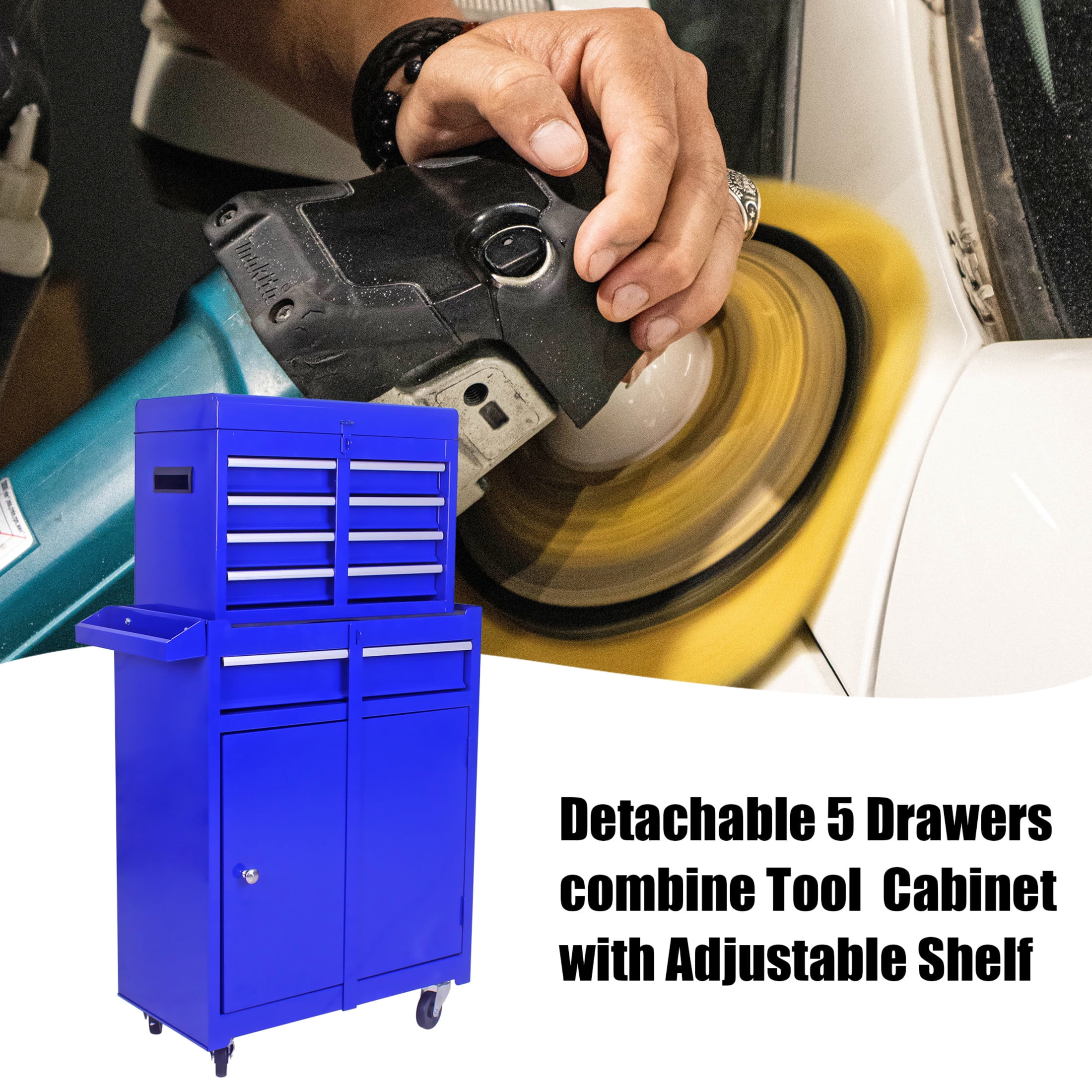 Noble House Rolling Tool Chest, 5-Drawer Metal Storage Box Organizer with Detachable Top & Adjustable Shelf, Blue