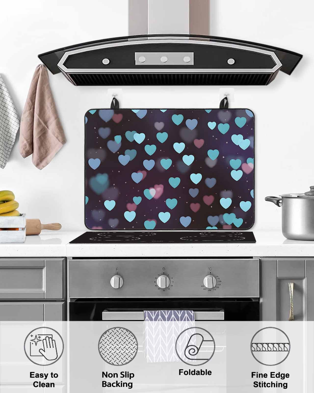 Large Induction Cooktop Protector Mat Valentine's Day Stove Top Covers for Electric Stove, Teal Blue Purple Love Heart Romantic Decorative Stove Burner Cover Mats, Glass Top Stove Cover