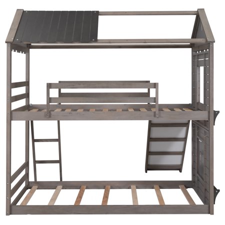 Dcenta Twin Over Twin Bunk Bed Wood Bed with Roof  Window  Slide  Ladder   Gray