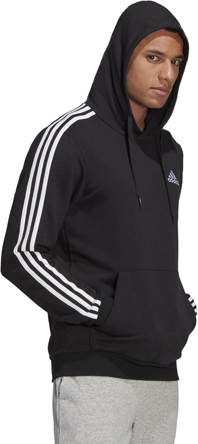 adidas Men's Essentials 3-Stripes French Terry Hoodie, Black/White, Large