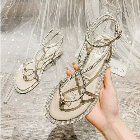 

Womens Flats Sandals T Strap Shoes Ladies Rhinestone Ankle Strap Slingback Fashion Open Toe Summer Shoes for Girls