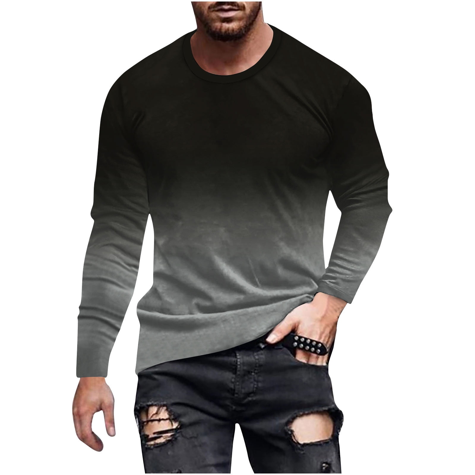 2025年レディースファッション福袋 Long Mens Tdoqot Sleeve Trendy Gradient Crewneck Shirts- Clothing