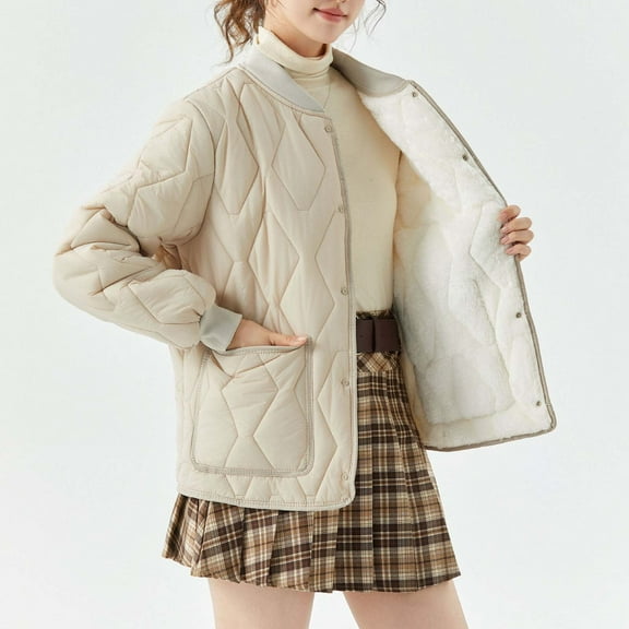 Homenesgenics Winter Jackets Plus Size ! Women's Casual Snap Button and Plush Warm Long Sleeved Jacket Quilted Jacket Beige XXXL