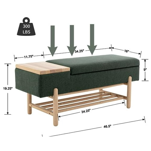CIMOTA Entryway Storage Bench for Bedroom Upholstered End of Bed Ottoman Bench with Wood Shoe Storage/Coffee Table for Living Room/Hallway/Under Window, 46.5 Inches, Linen Green