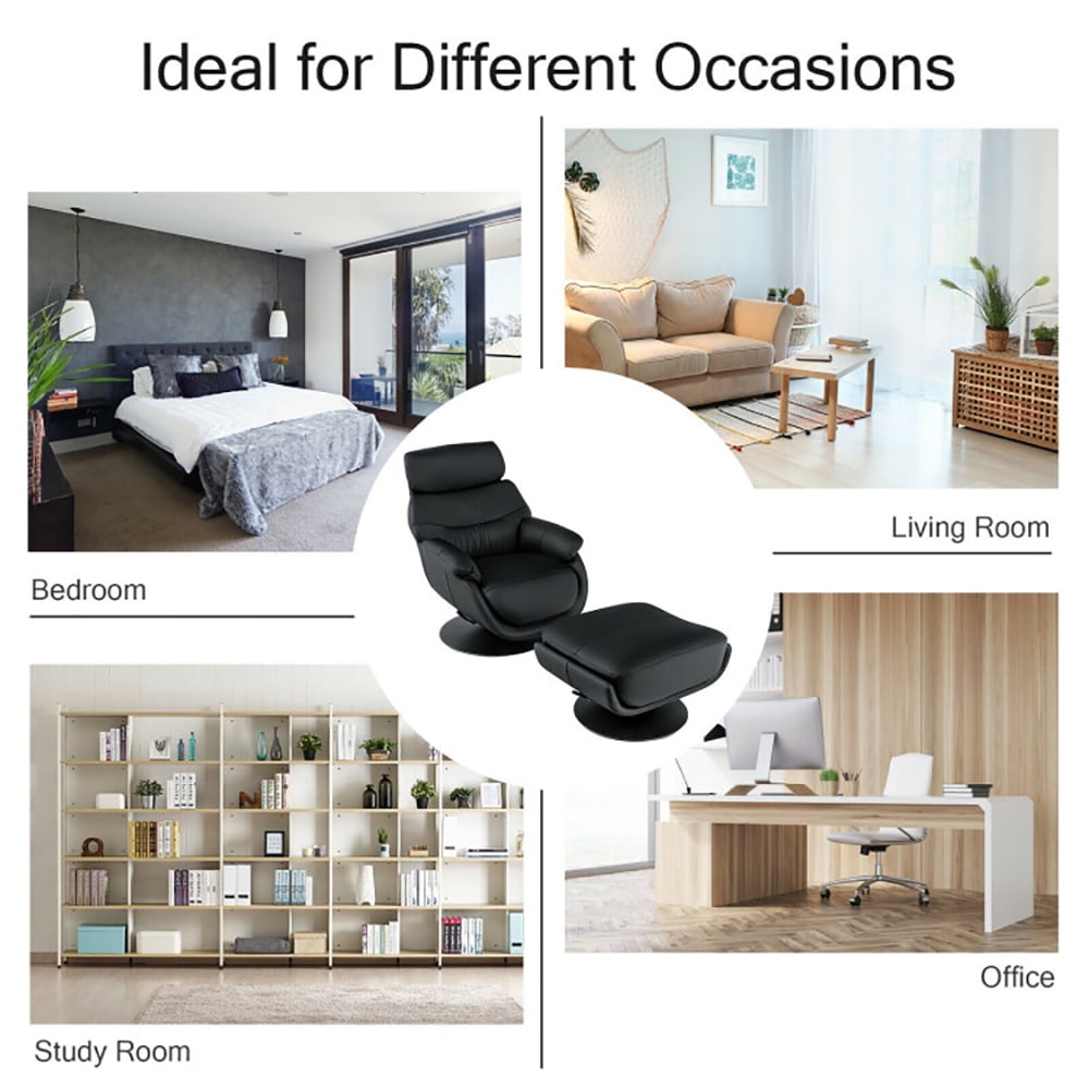 Finihen Leather Soft Upholstered Recliner with Ottoman Footrest, 360° Swivel Leather Lounge Chair with Ottoman and Thick Footstool, for Living Room, Bedroom, Black Finihen Leather Soft Upholstered Recliner with Ottoman Footrest, 360° Swivel Leather Lounge Chair with Ottoman and Thick Footstool, for Living Room, Bedroom, Black