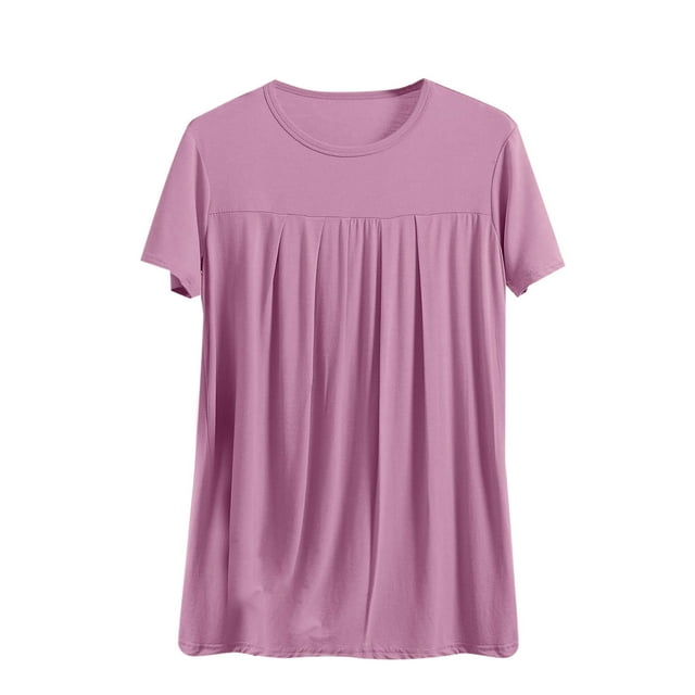 BLVB Plus Size Pajama Tops for Women Round Neck Solid Color Short Sleeve Sleep Shirts Pleated Front Loungewear