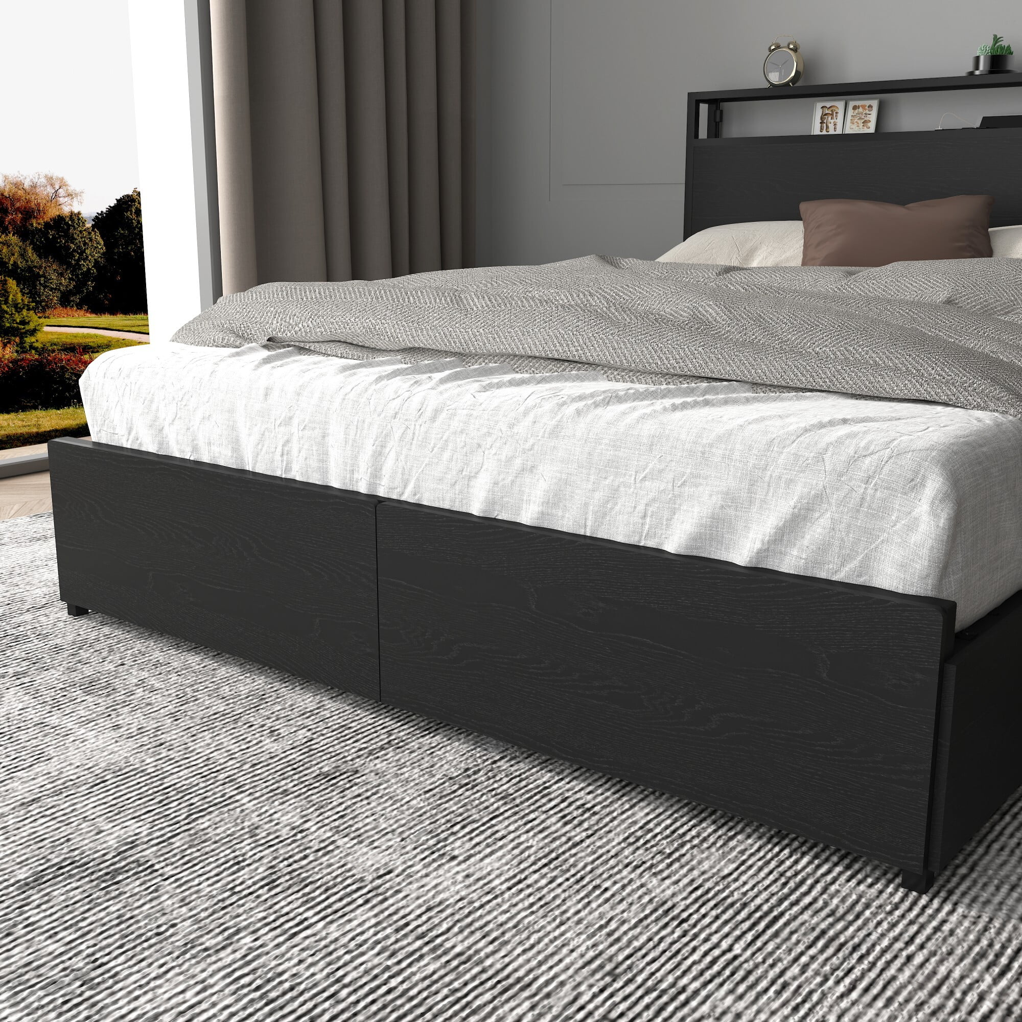 AENKYO Queen Size Bed Frame with LED Lights & 6 Drawers, Storage Headboard with Charging Station, Noise Free, Black