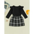 thumbnail image 4 of Suealasg Kids Girls Spring Skirt Set 6M 1T 2T 3T 4T 5T Long Sleeve Round Neck Tops +Tweed Plaid Print Bow Skirt Set 2 Piece Casual Autumn Clothing for Child Girls, 4 of 9