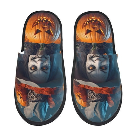 Balery Modern Style Pumpkin Witch Slient Indoor Furry Fleece Comfort House Shoes Soft Non-Slip Home Shoes Cotton slippers House Slippers-- Large