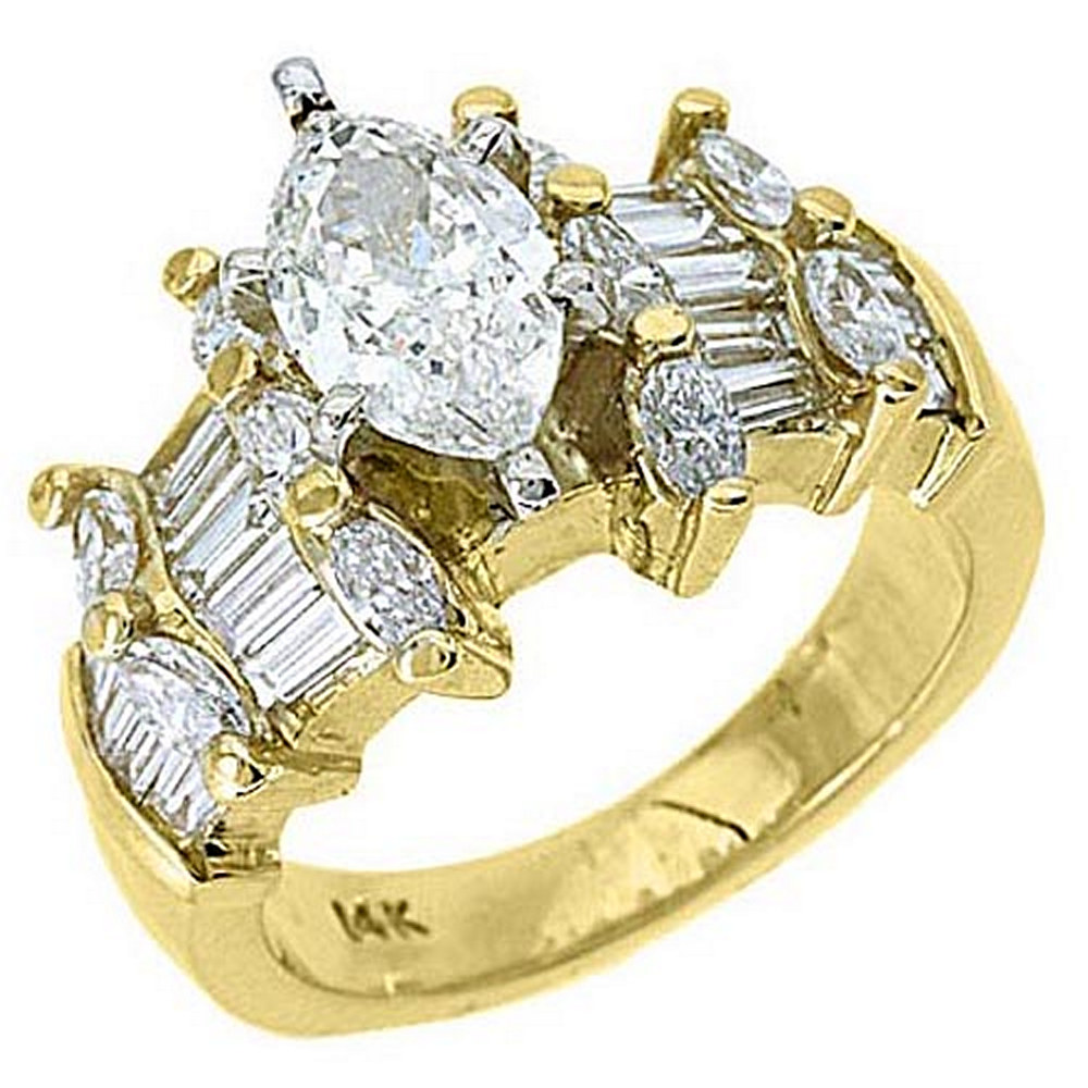 14k Yellow Gold Marquise Baguette Diamond Engagement Ring 2 88 Carats 
