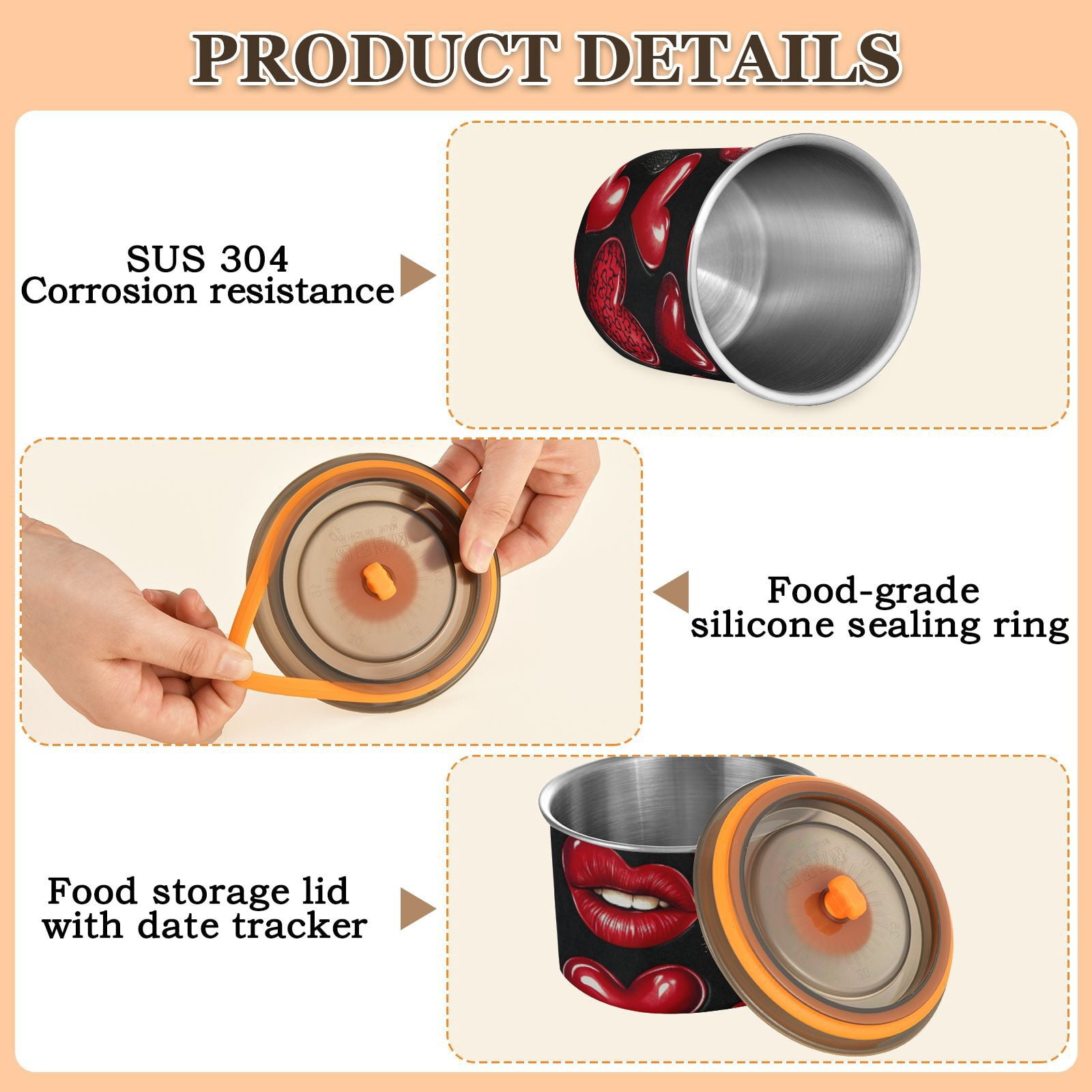 Red Lips Hearts Airtight Coffee Bean Canister 30oz Food Storage Containers with Lids For Gournd, Tea, Sugar, Flour, Rice, Cereal, Candy Cookie Jar