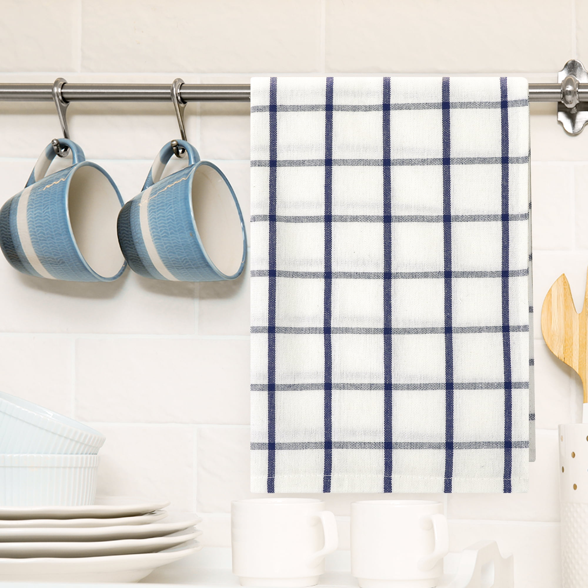Unique Bargains Cotton Hand Towels Absorbent Lint Free Dish Kitchen Towels 24 x 16 Inch Plaid 2pk