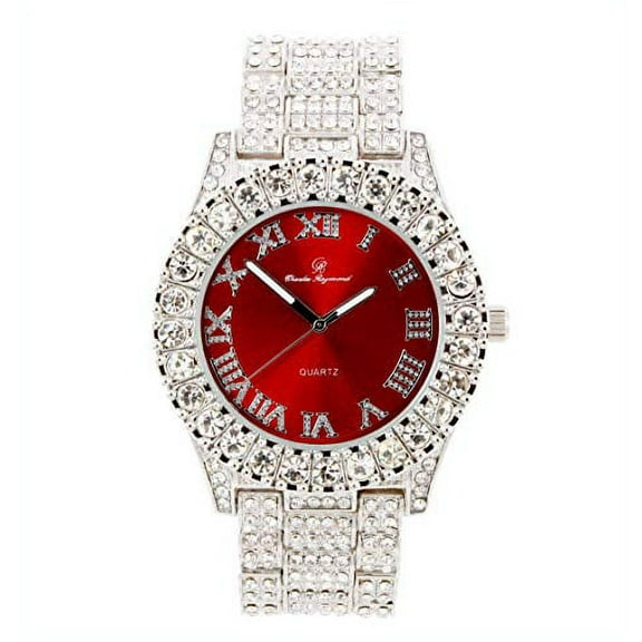 Charles Raymond Mens Silver Big Rocks Hip Hop with Roman Numerals Blinged Out Fully Iced Out Colorful Dial Wristwatch - ST10327 RN Single (Blood Red/Silver)