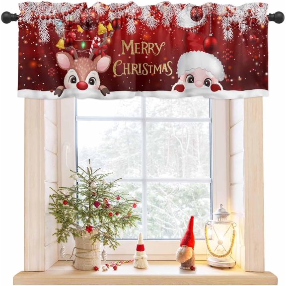 Christmas Kitchen Decoration Curtain Valances Rod Pocket Small Window Treatment for Bedroom Xmas Santa Claus Thermal Insulated&Washable Curtains Red Ball Christmas Tree Valances for Windows 54x18inch