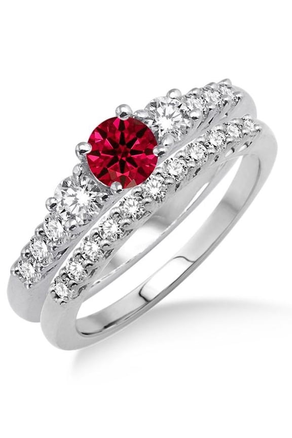 2 Carat Red Ruby Diamond Moissanite Round Cut Trilogy Bridal Set on 10k White Gold