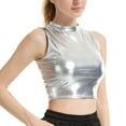 thumbnail image 2 of YONGHS Women Metallic Shiny Sleeveless Crop Top Ladies T-Shirt Vest S-XXL Silver A XXL, 2 of 6