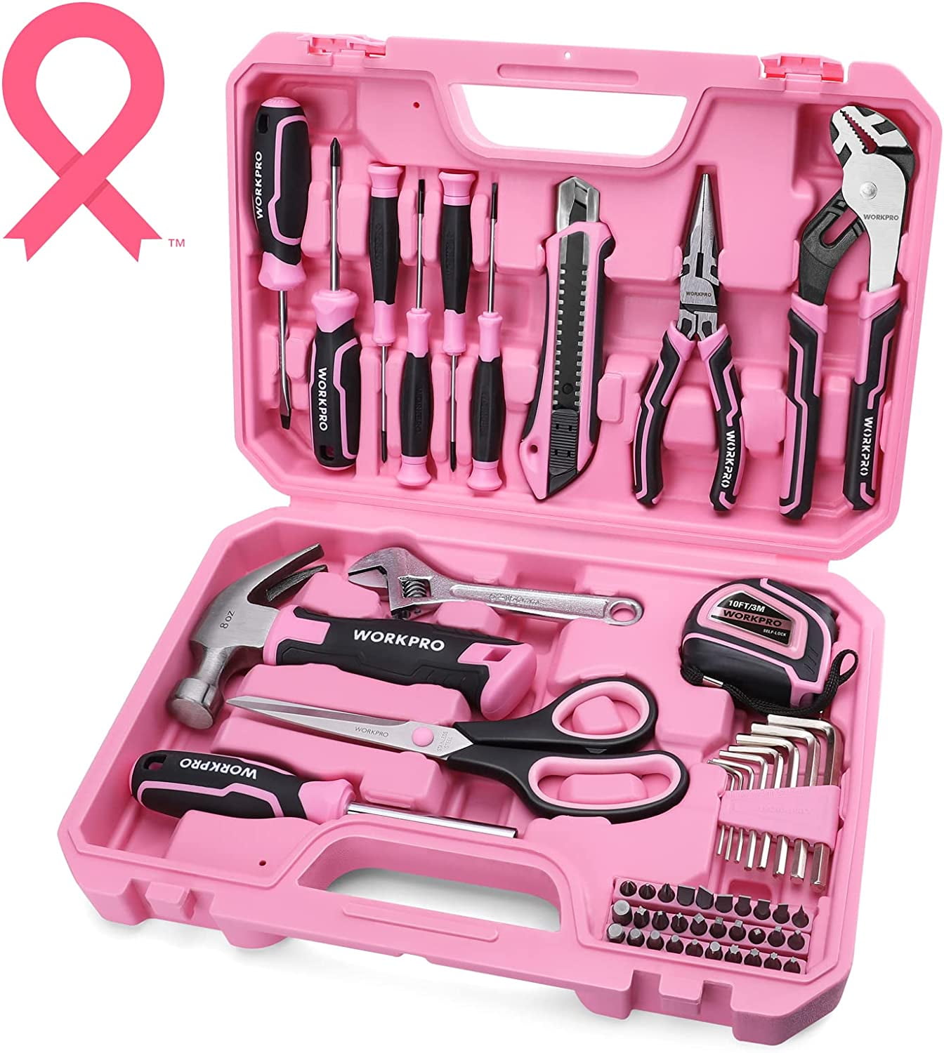 WORKPRO 52-Piece Pink Tools Set, Household Lady Tool Kit with Storage Toolbox, Basic Tool Set for Home, Garage, Apartment, Dorm, New House, Back to School, and as a Gift