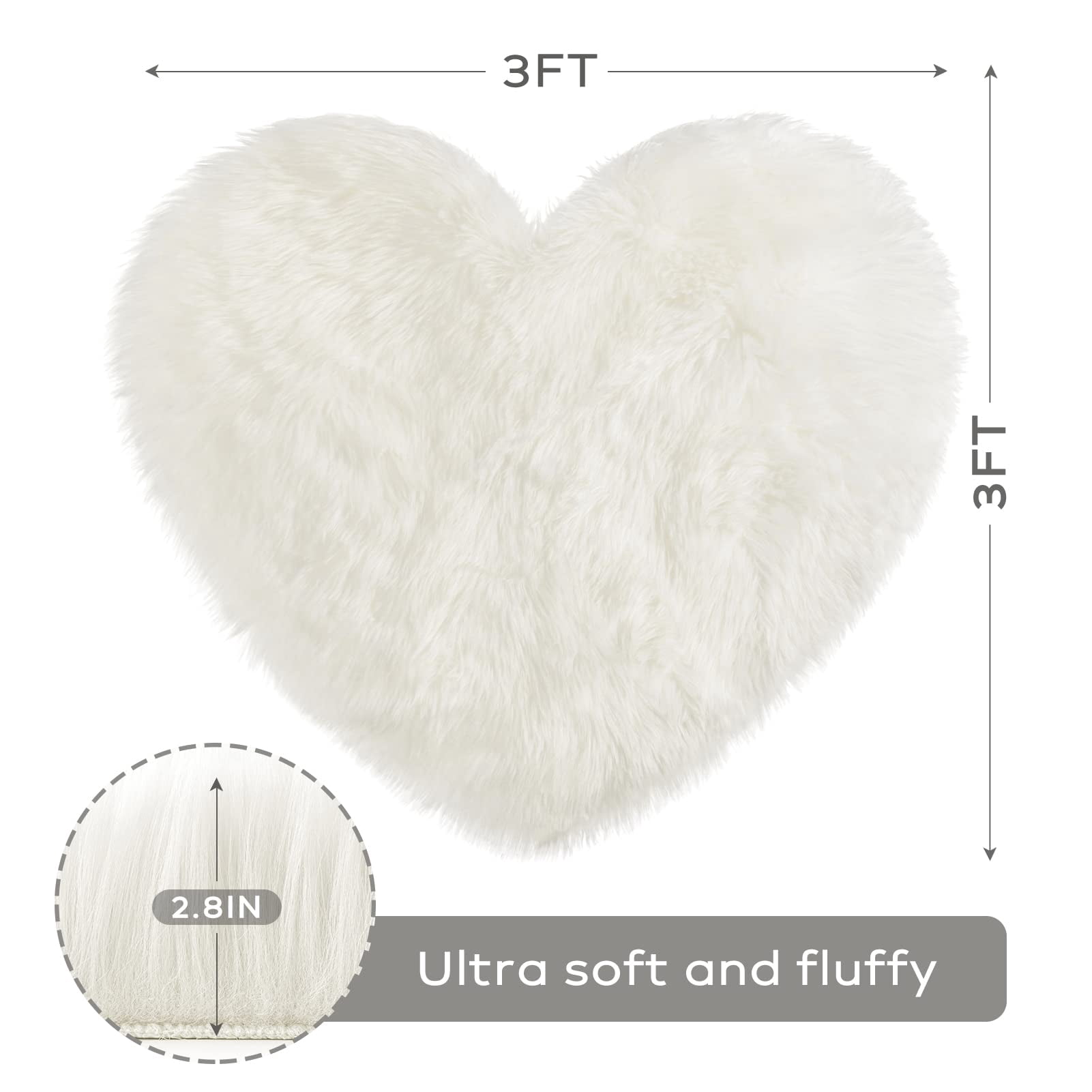 Phantoscope Valentine's Day Mother's Day Ultra Soft Heart Shaped Faux Sheepskin Area Rug, Non Slip Fluffy Modern Heart Carpet for Bedroom Living Room, White, 3x3 ft