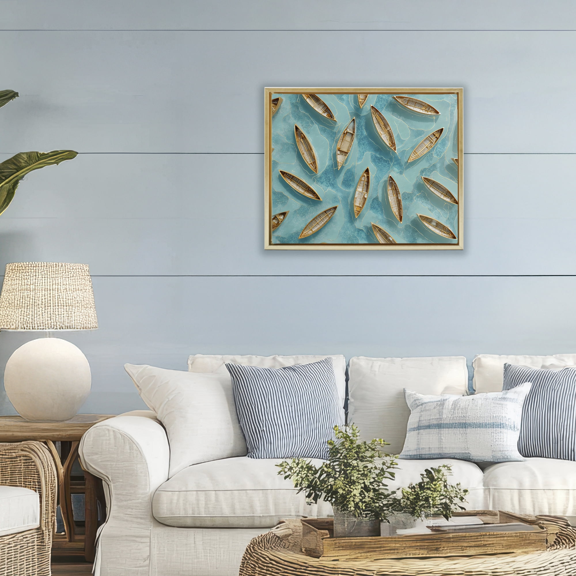Harmonious Canoes on Water Gold Framed Floater Canvas Wall Art, design by Franklyn Gregory