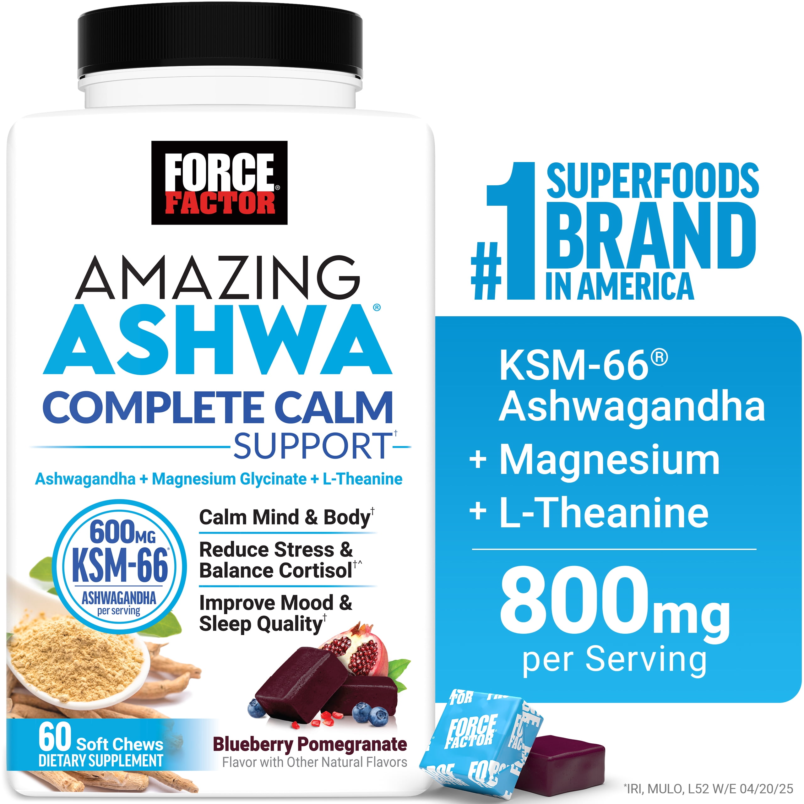 (2 pack) Force Factor Amazing Ashwa Complete Calm Support, KSM-66 Ashwagandha for Stress Relief, Relaxation & Sleep, Blueberry-Pomegranate, 60 Soft Chews