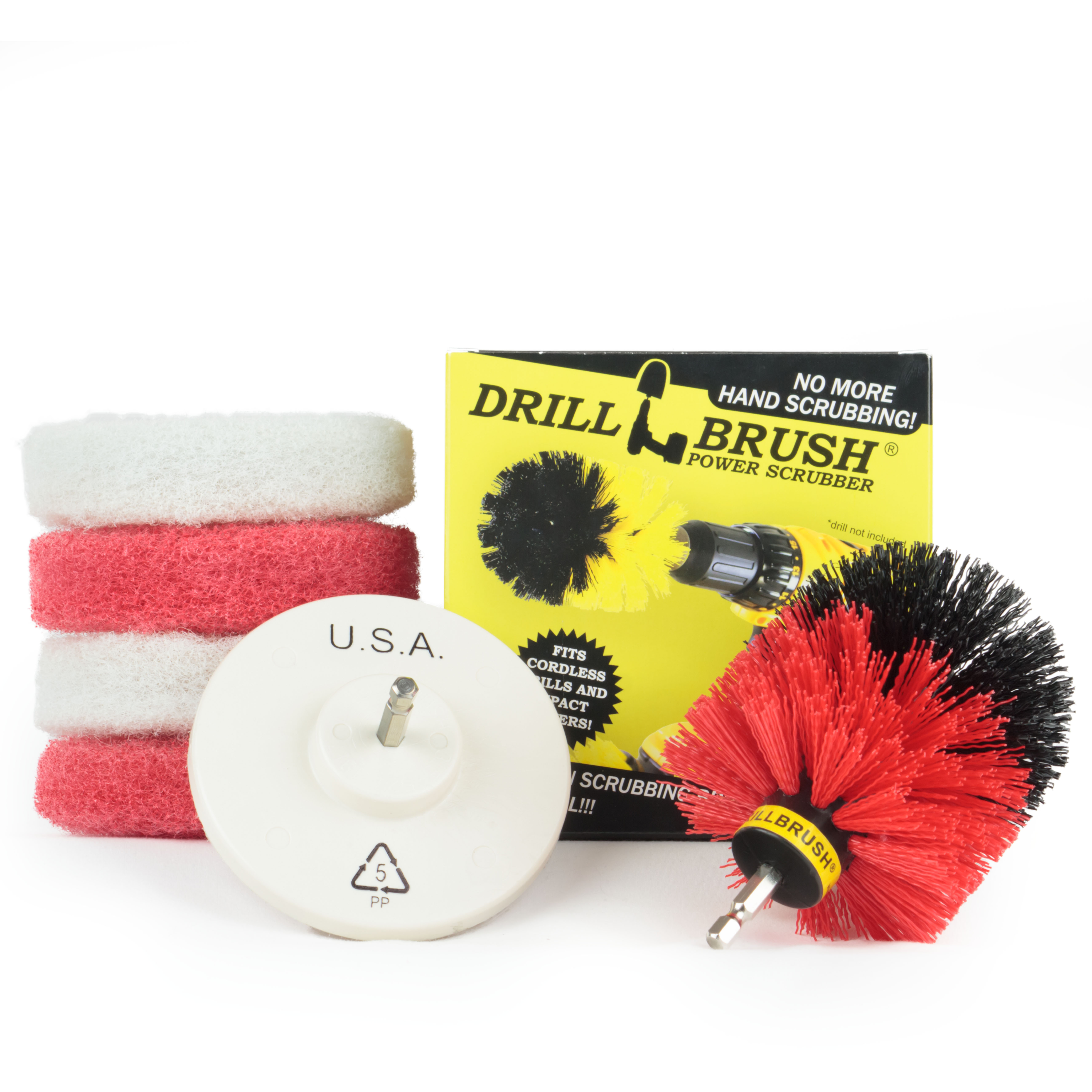 Bathroom Electric Scrub Brush with 4 Inch Scrub Pads with Velcro Attachment by Drillbrush