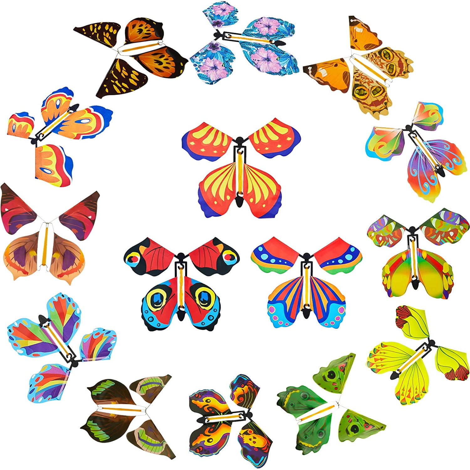 Colorful Style 15 Pieces Magic Fairy Flying Butterfly Rubber Band Powered Wind up Butterfly Toy for Surprise Gift or Party Playing 