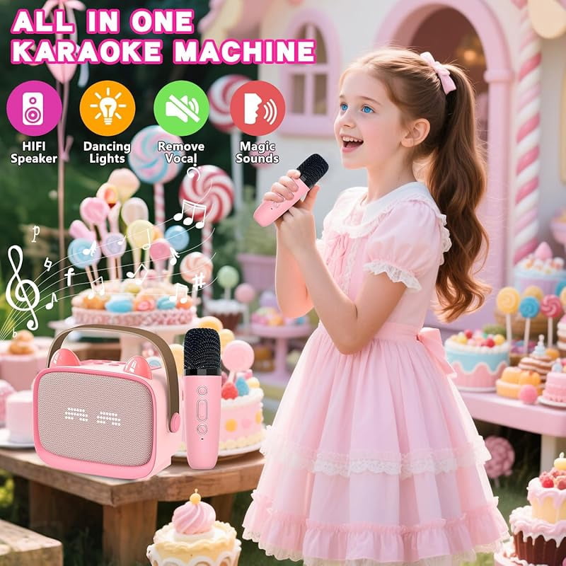Zeokiar Upgraded Mini Karaoke Machine Toy for Kids, Portable Bluetooth Speaker with 2 Wireless Mics, Emoji & Colorful LED Lights, Home Travel & Party Play Gifts for Boys Girls (Pink)