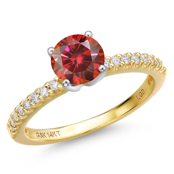 Gem Stone King 14K Two Tone Gold Red Moissanite and Lab Grown Diamond Engagement Ring for Women | 1.16 Cttw | Round 6.5MM | Gemstone Birthstone | Size 5