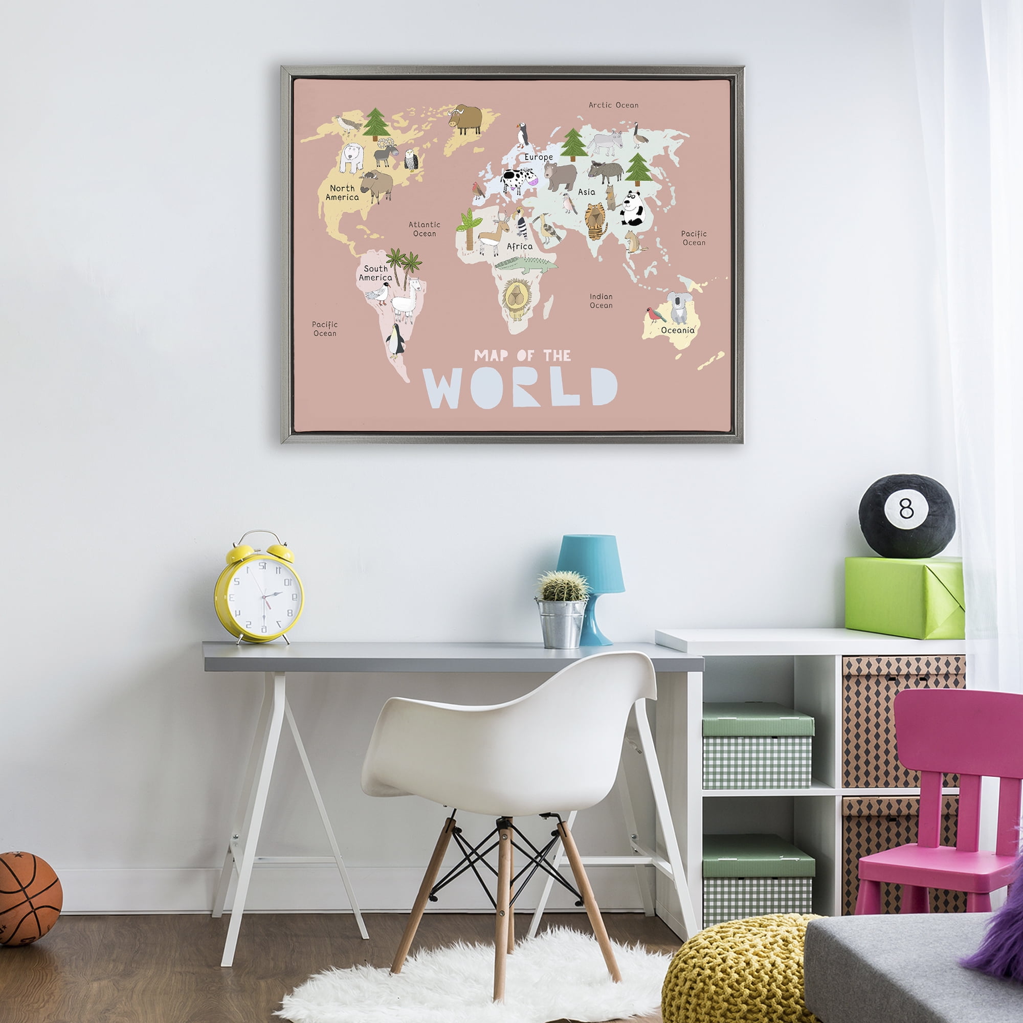 Kid's Map Of World Pink Gray Framed Floater Canvas Wall Art, design by Carla Daly