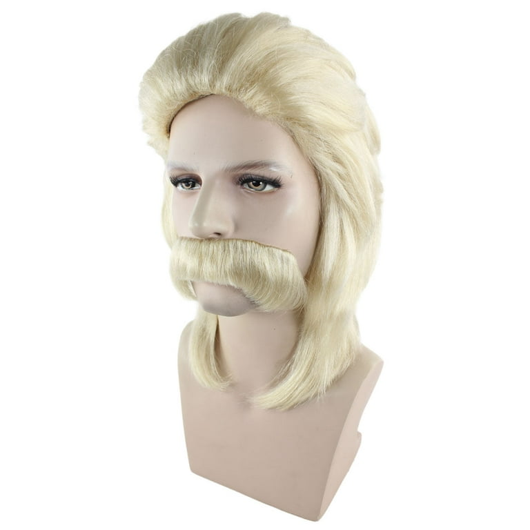 HPO Adult 70 s Mens Wig With Mustache Blonde Retro Wig