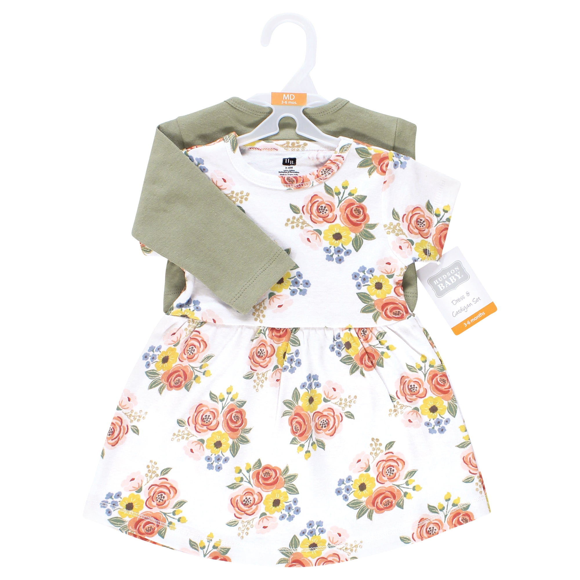 Hudson Baby Girls Cotton Dress and Cardigan Set, Golden Bouquet, 3T