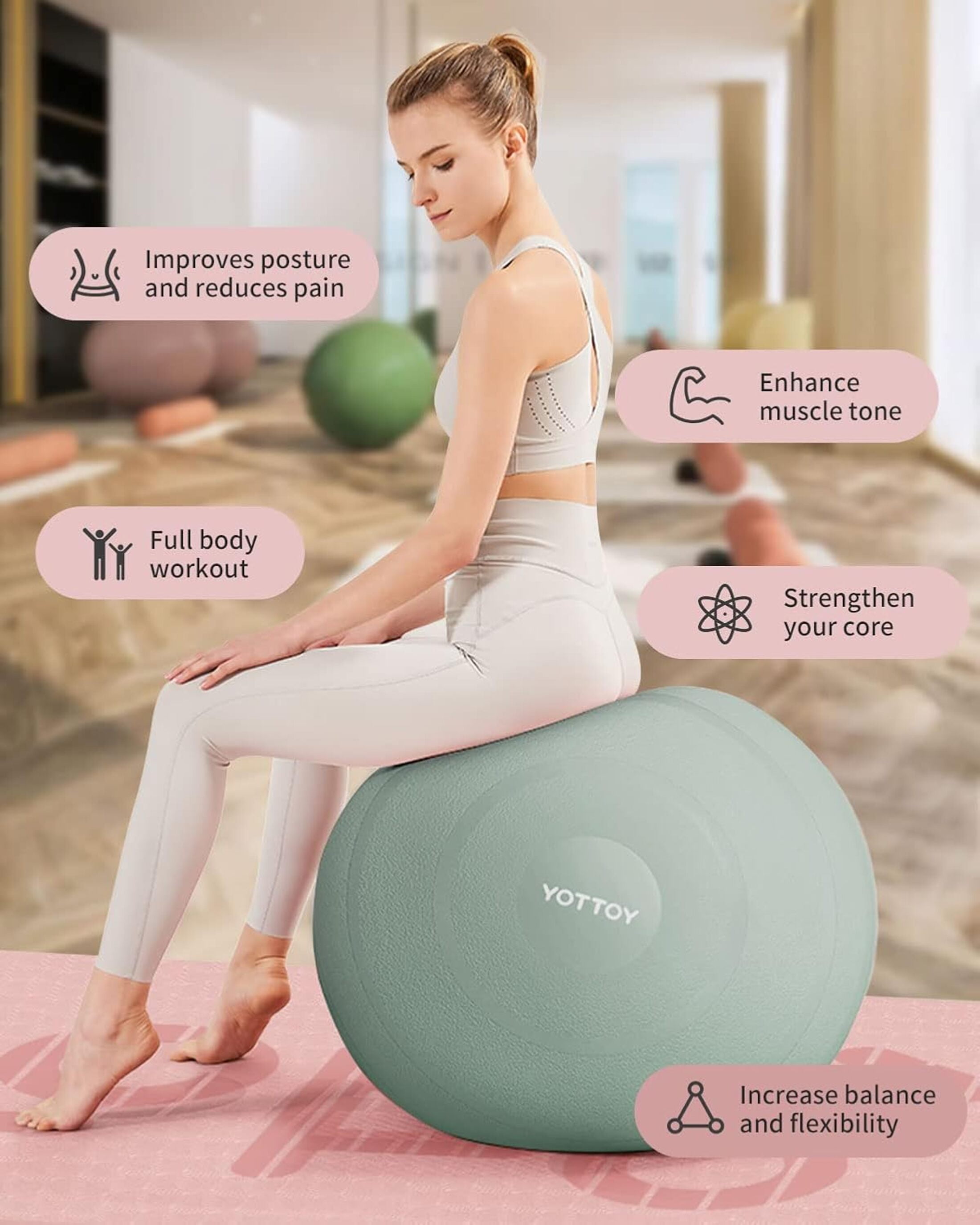 YOTTOY Anti-Burst Exercise Ball, 65 cm — Green, Extra Thick for Yoga & Physical Therapy