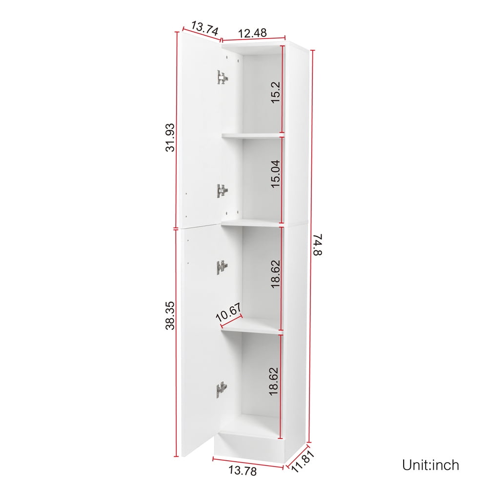 74.8'' Tall Kitchen Pantry Cabinet, Floor Freestanding Storage Cabinet with Inadjustable Shelves and Two Doors, Narrow Tall Cupboard for Dining Room, Living Room, Bedroom, Entryway, White