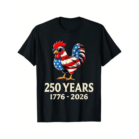Patriotic Rooster 250 Years 1776-2026 American Flag Sunglasses Graphic T-Shirt Men's Short Sleeve Tee