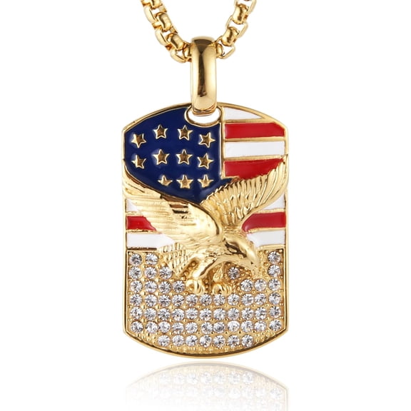 BOOTOOL Men's 14k Gold Plated Stainless Steel 3D Eagle American Flag Dog Tag CZ Pendant Necklace