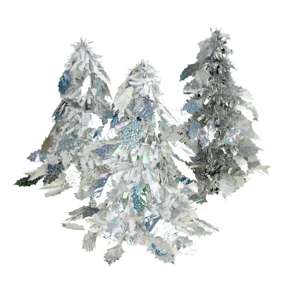 Iridescent Holly Leaf Christmas Tinsel Tabletop Tree, Silver, 10Inch, 3Piece