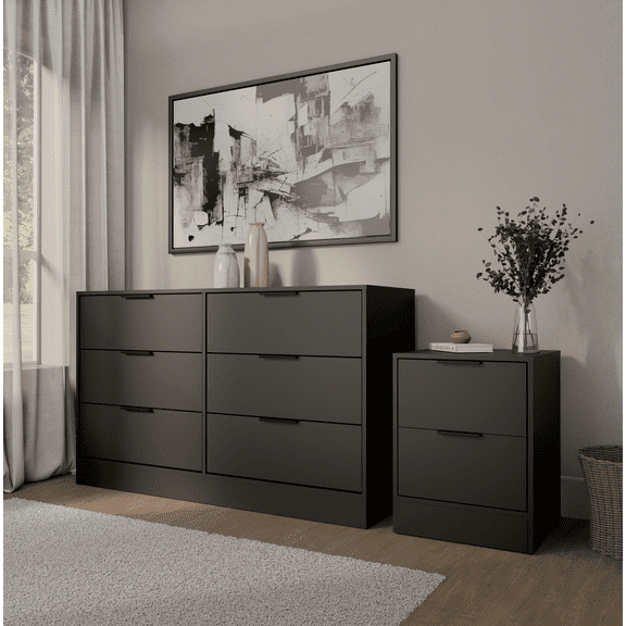 Kappesberg Fresno Black 2-Piece Bedroom Set with 6-Drawer Dresser and 2-Drawer Nightstand - for Adults and Teens