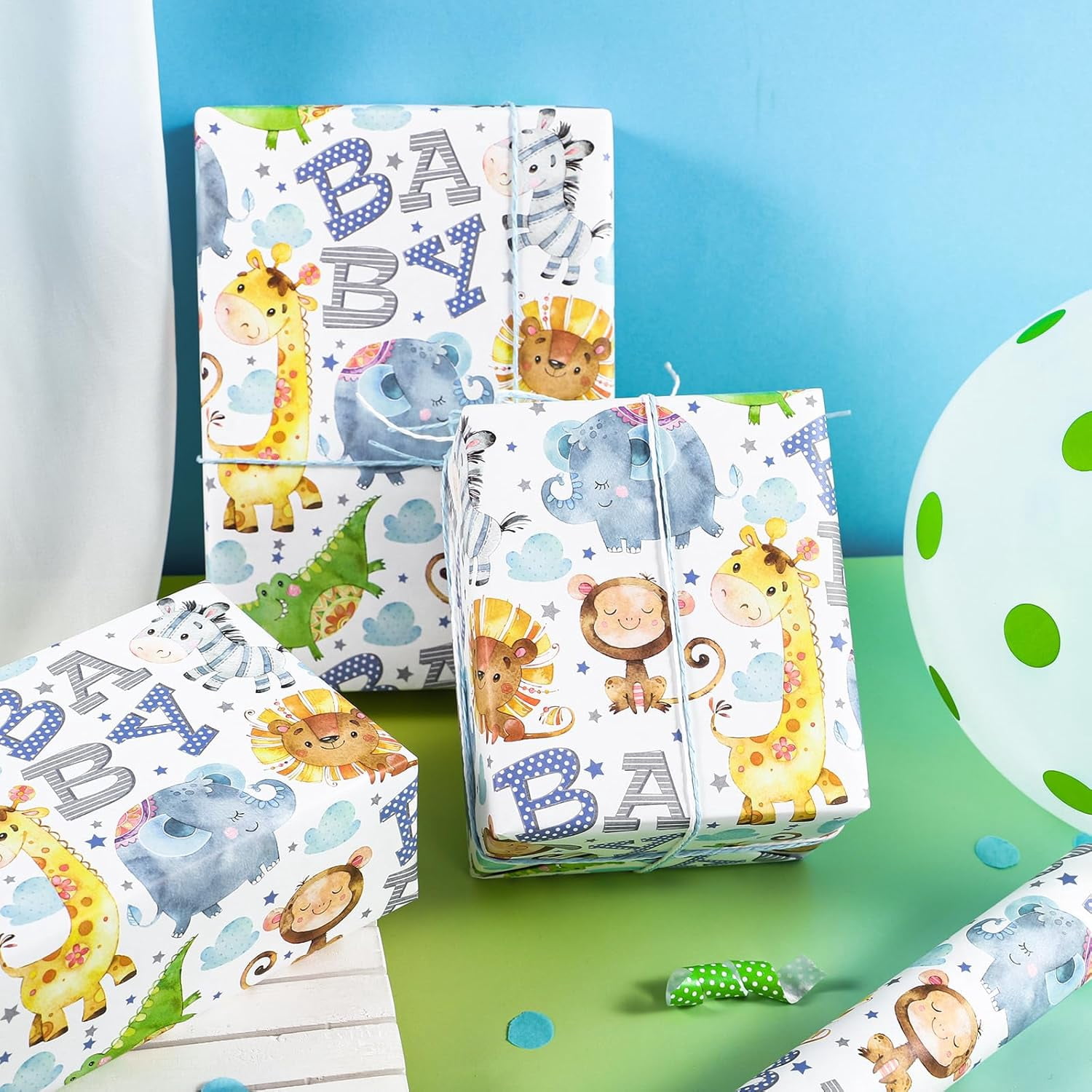 Kraft Baby Shower Wrapping Paper Roll - Mini Roll - 17 Inch x 16.5 Feet - Cute Animal Wrapping Paper for Baby Shower, Kids Girls Birthday Birthday