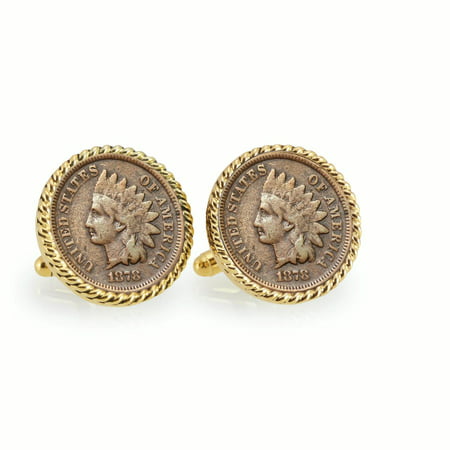 1800's Indian Head Penny Goldtone Rope Bezel Coin Cuff Links