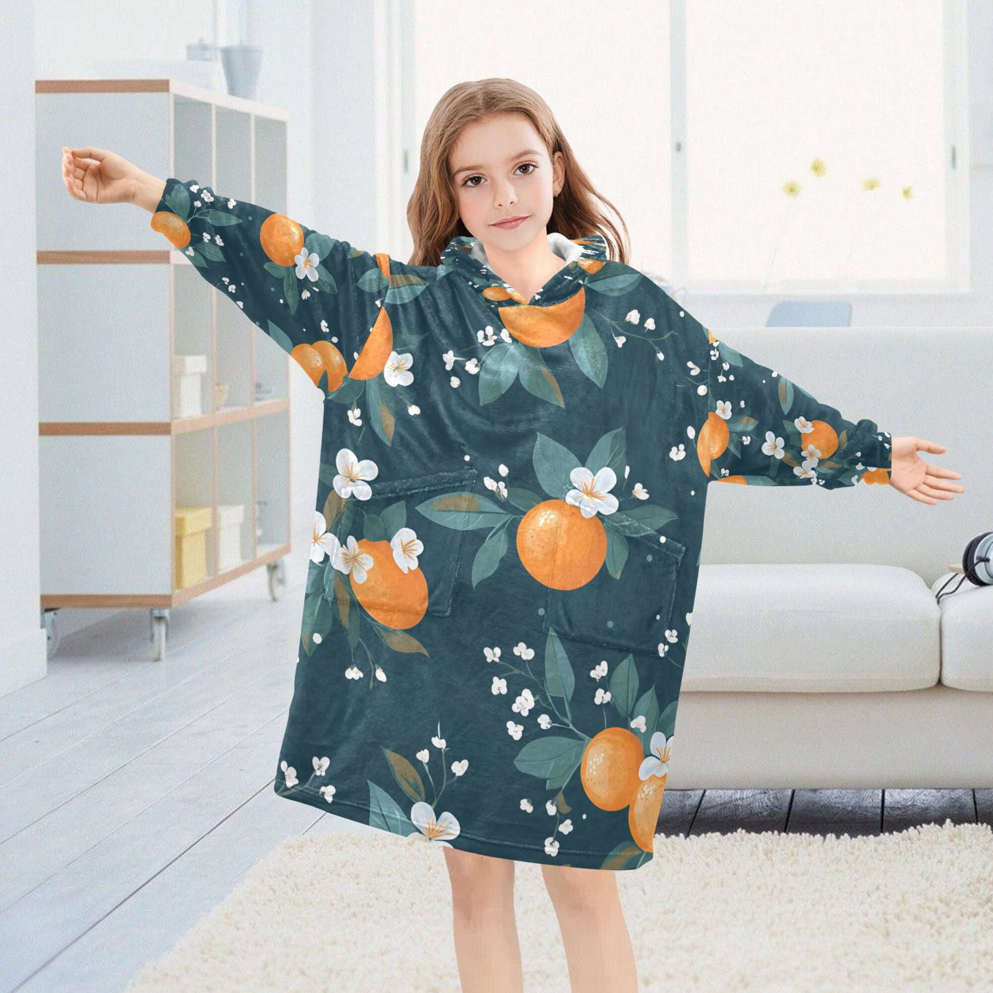 FORMRS Wearable Blanket Hoodie with Sleeves for Kids Cozy Flannel Sweatshirt, Blue Oranges