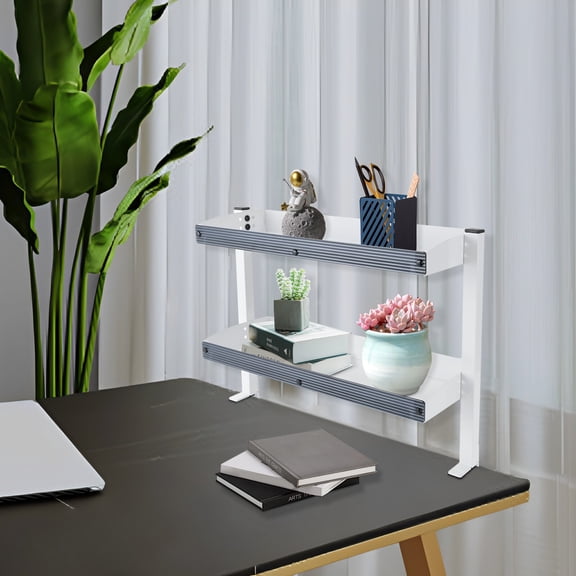 DENEST Clamp-on Desk Shelf, 2-Tier, Above or Under Table Corner Shelves Metal Organizer, White