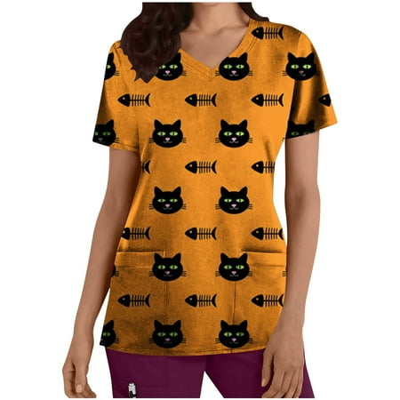 

Christmas Scrub Top for Women Funny Xmas Graphic Print Regular Fit V Neck Short Sleeve Shirt Vintge Fall Outfits Sweatshirt