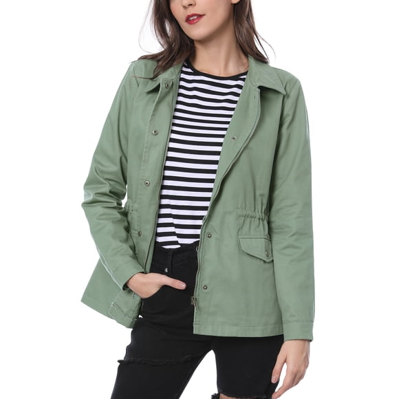 INSPIRE CHIC Women's Utility Jackets Drawstring Waist Flap Pocket Zip Button Jackets M Light Green