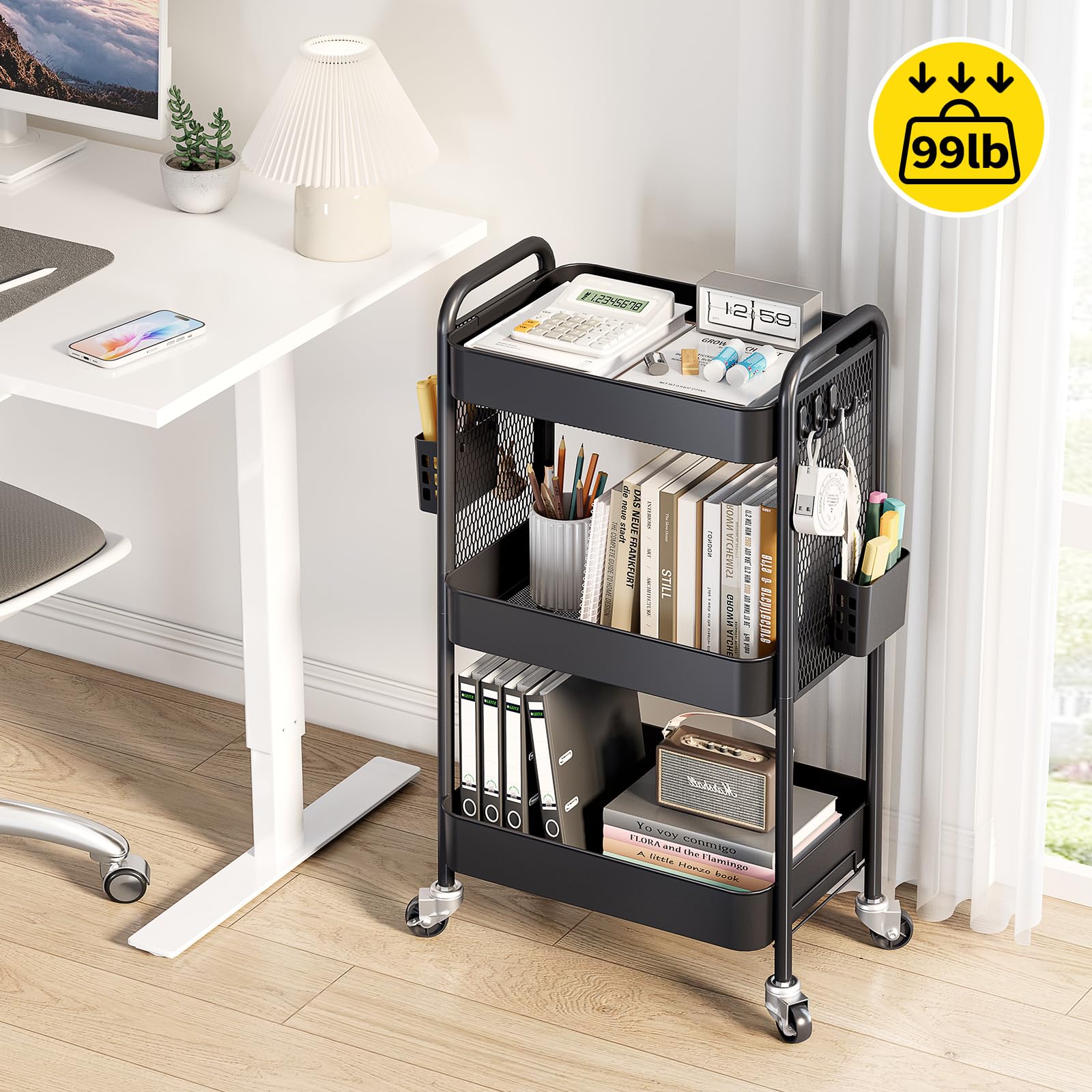 4 Tier Rolling Storage Cart with Pegboard, Metal Organizer Cart with Wheels, Hooks & Bins, Sturdy Multi-Purpose Storage for Bathroom, Kitchen, Office, Nursery