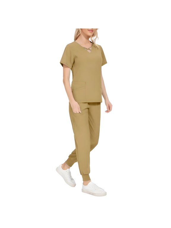 Women's Casual Workwear Set - V-Neck Scrub Top & Tapered Jogger Scrub Pants with Convenient Multi-Pocket Design,Yellow M