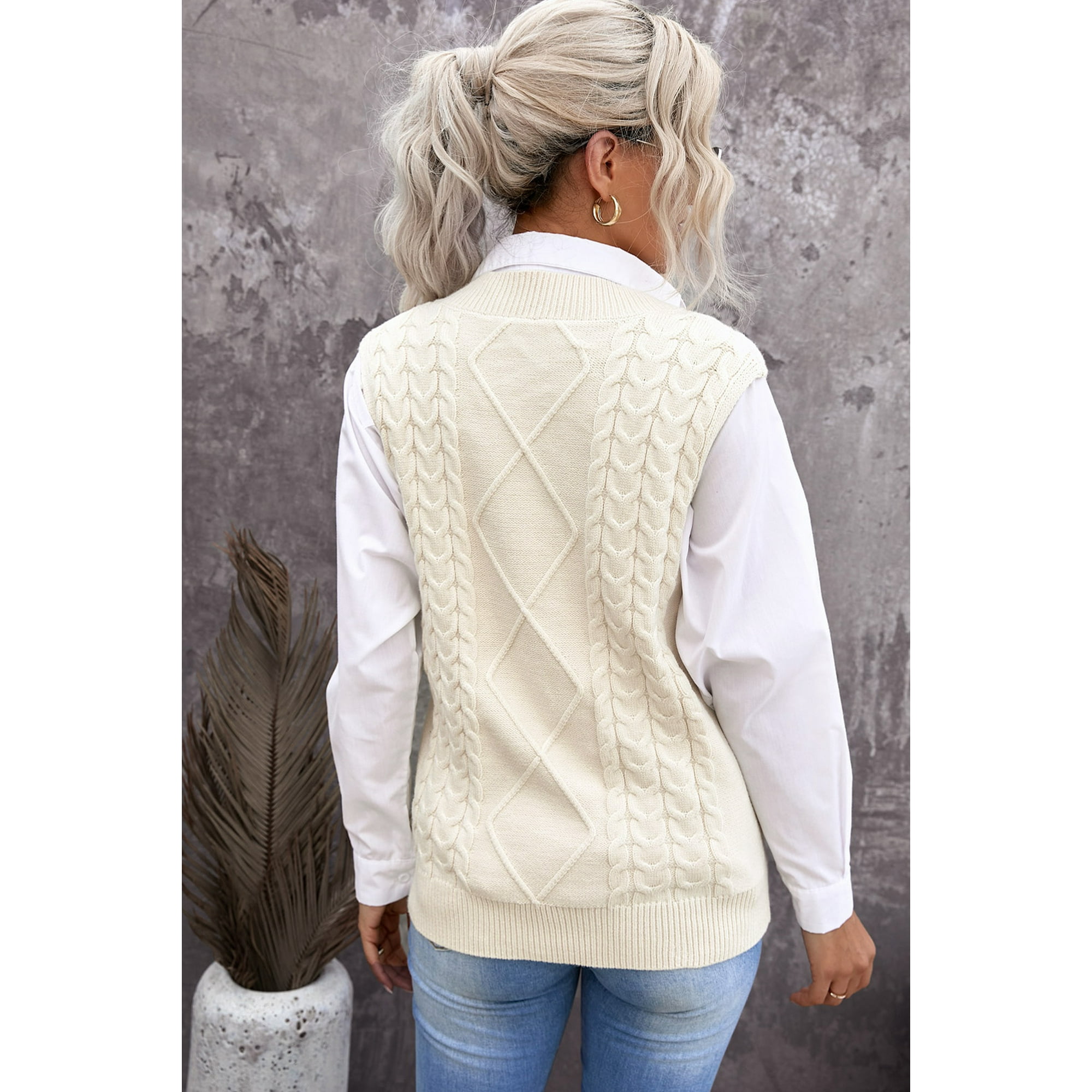 POGLIP Debardeur en Tricot Sans Manches pour Femme Beige