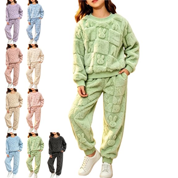 Girls 2 Piece Outfits Clothes Fleece Flannel Winter Fluffy Warm Plush Fuzzy Pullover Sweatshirt and Sweatpant Pajamas Sweatsuit 5-14 Years