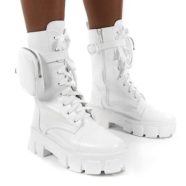 Women Combat Ankle Boots Chunky Platform Lace-up Zip Biker Shoes