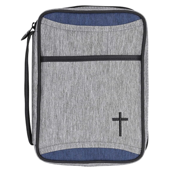 Dicksons BCK-L212 Embroidered Cross Blue and Grey Large 600 Denier Polyester Zipper Bible Cover With Handle