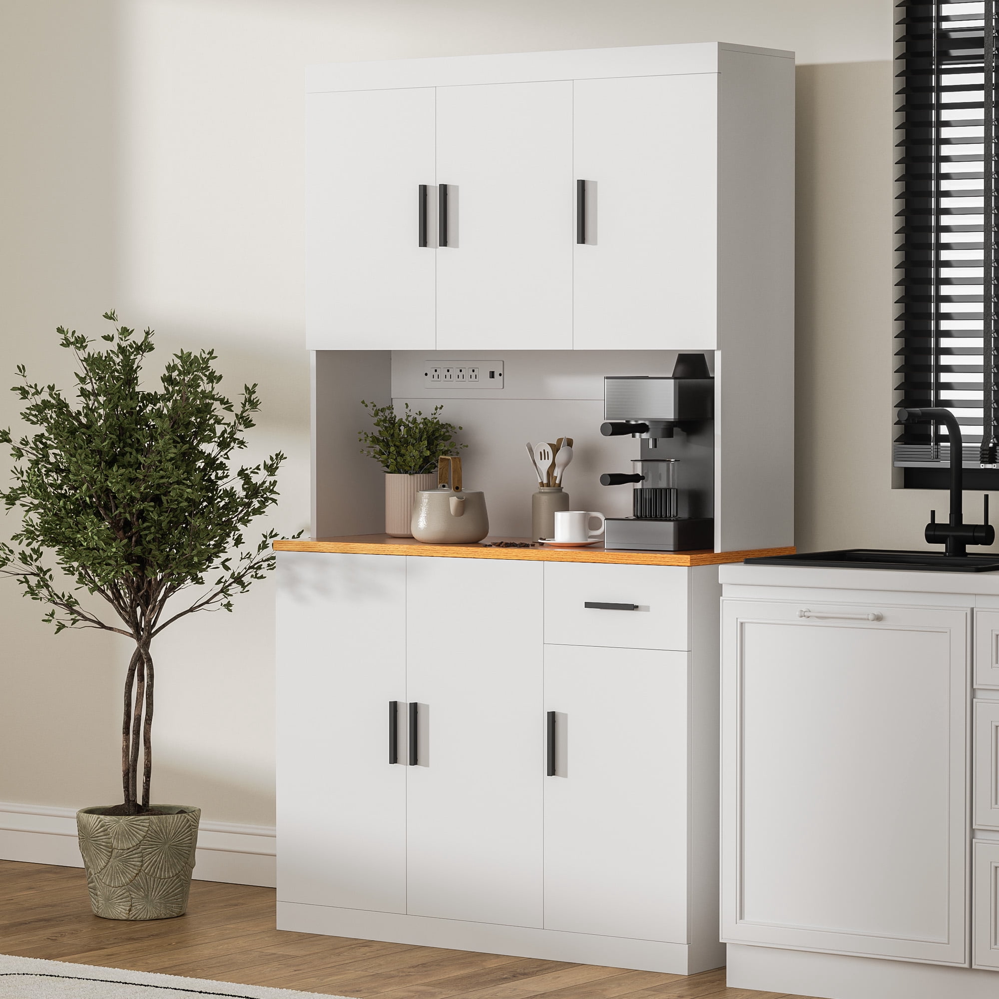 DIYART White Kitchen Pantry Cabinet, 71" Tall Kitchen Storage Cabinet with 6 doors and Power Outlet
